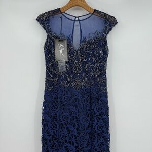 Mac Duggal Stunning Mesh Princess Beaded Lace Midnight Mermaid Maxi Gown Size 8